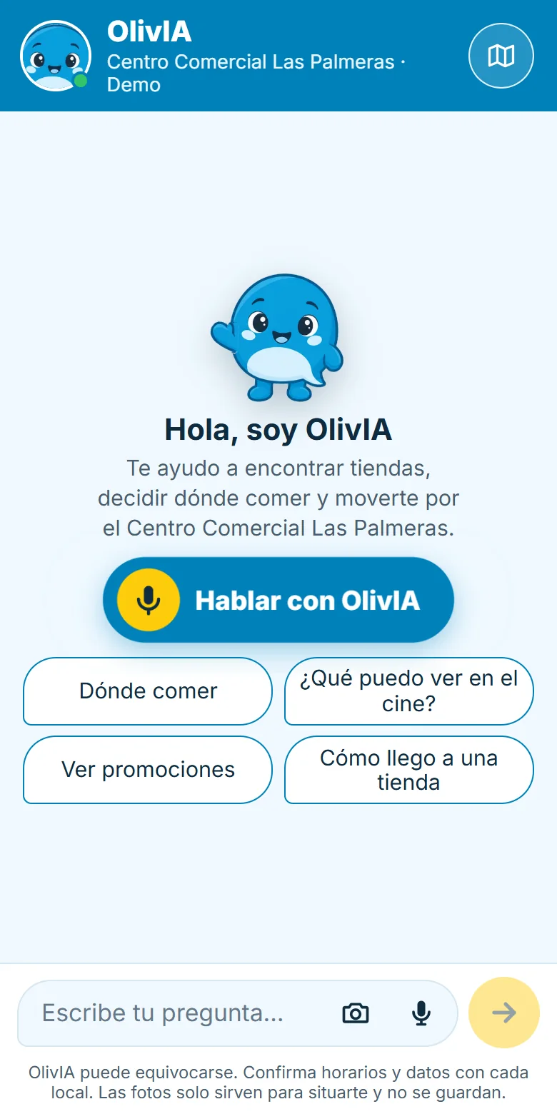 Pantalla de inicio con el botón Hablar con OlivIA y los atajos