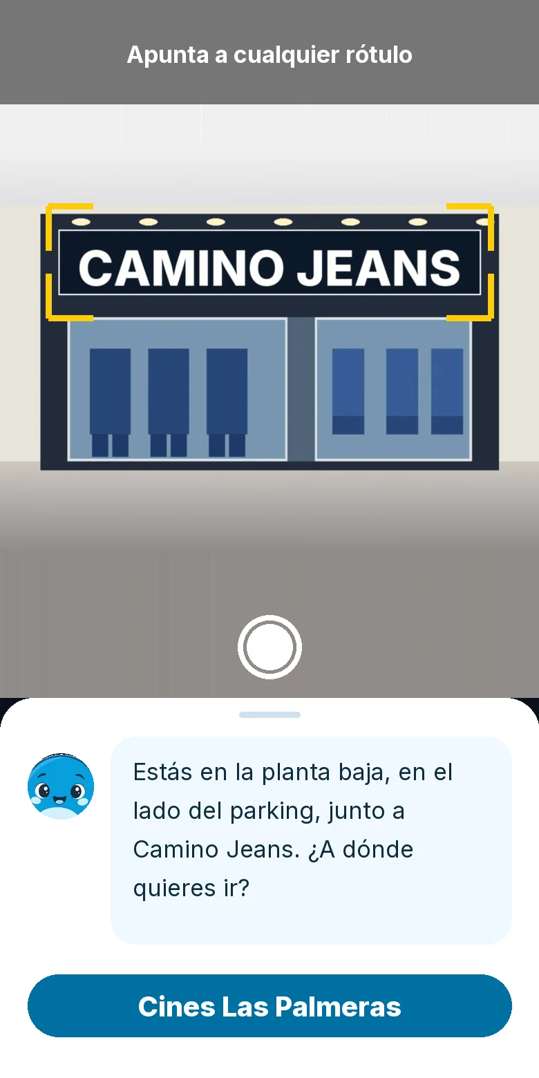 Cámara apuntando al rótulo de una tienda y la respuesta de OlivIA con la ubicación